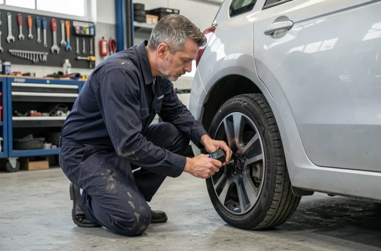 Mécanicien vérifiant la pression des pneus d'une Citroën C2 avec un manomètre numérique professionnel
