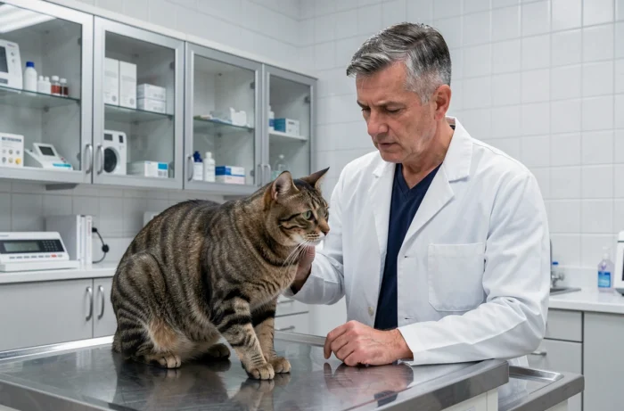 Vétérinaire examinant un chat tigré sur une table d'examen dans une clinique vétérinaire moderne, illustrant les soins couverts par une assurance pour animaux