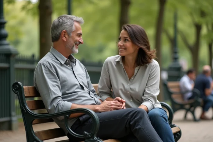 Couple en conversation détendue sur un banc dans un parc urbain, évoquant la frontière entre engagement familial et espace public
