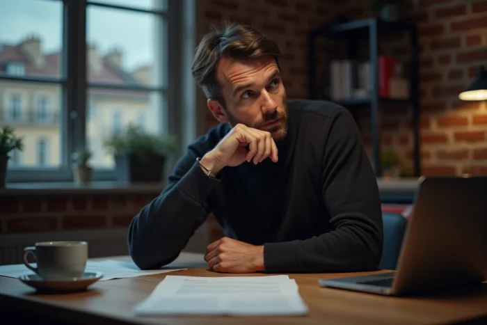 Homme pensif attablé dans un appartement parisien entouré de documents politiques, symbolisant la frontière floue entre vie professionnelle et vie personnelle
