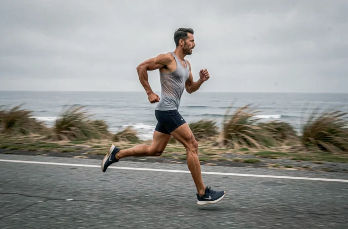 Coureur masculin capturé en pleine foulée à vitesse maximale sur une route côtale isolée avec arrière-plan flou évoquant la vitesse