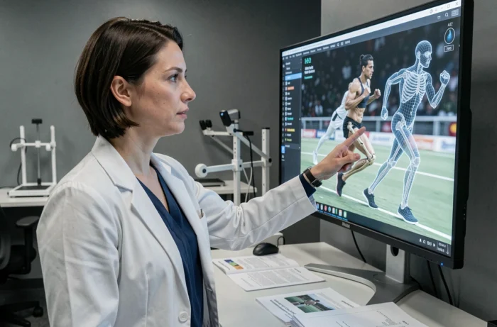 Chercheuse en biomécanique analysant des données de vitesse humaine sur un écran dans un laboratoire de sciences du sport universitaire