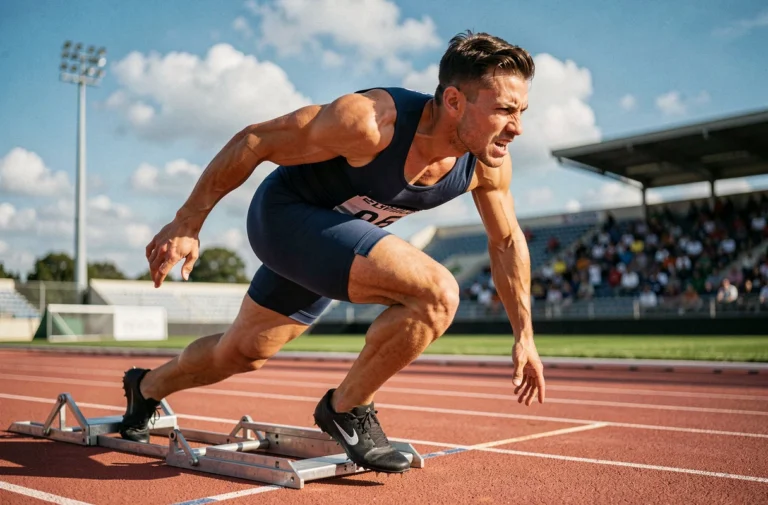Sprinter masculin professionnel en combinaison aérodynamique jaillissant des starting-blocks sur une piste d'athlétisme rouge lors d'une compétition de sprint
