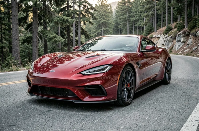 Voiture de sport rouge moderne garée sur une route de montagne sinueuse entourée de forêt de pins