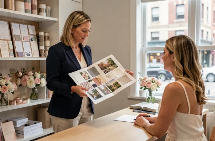Wedding planner présentant un moodboard de mariage à une future mariée lors d'une consultation dans un studio de planification élégant
